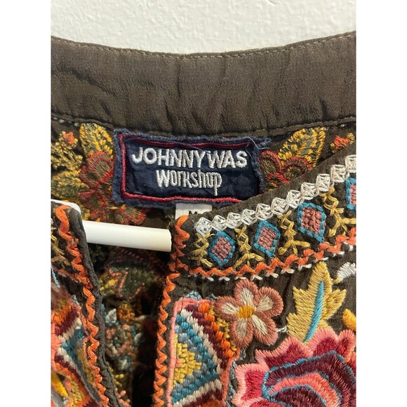 Johnny Was Embroidery Tunic Top Dress M Boho Olive Green Bell Sleeve Floral Silk - Picture 11 of 13